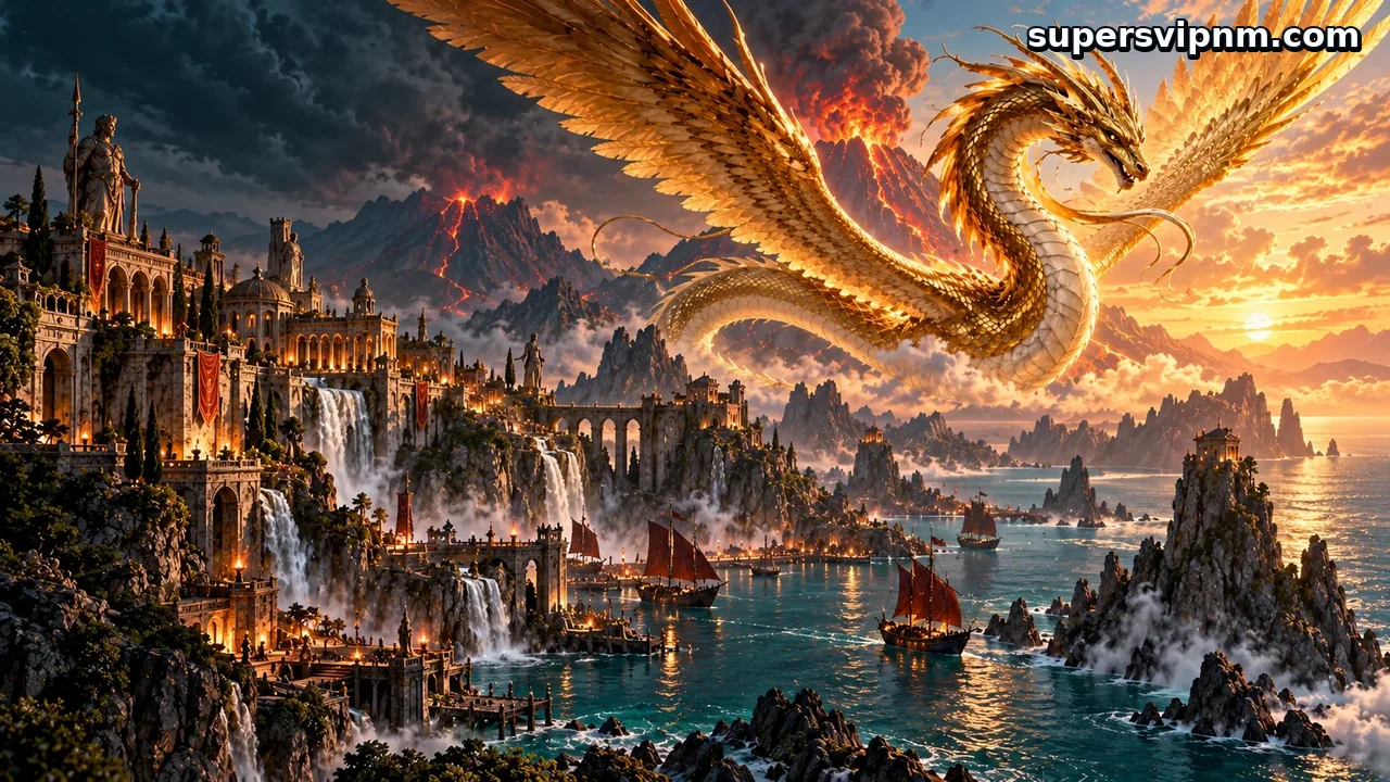 supersvip — Naga emas terbang di atas pelabuhan fantasi
